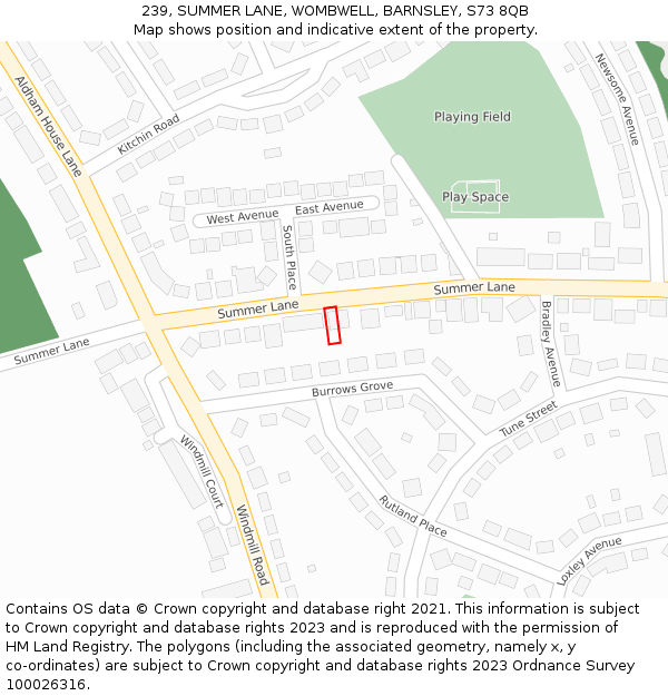 239, SUMMER LANE, WOMBWELL, BARNSLEY, S73 8QB: Location map and indicative extent of plot