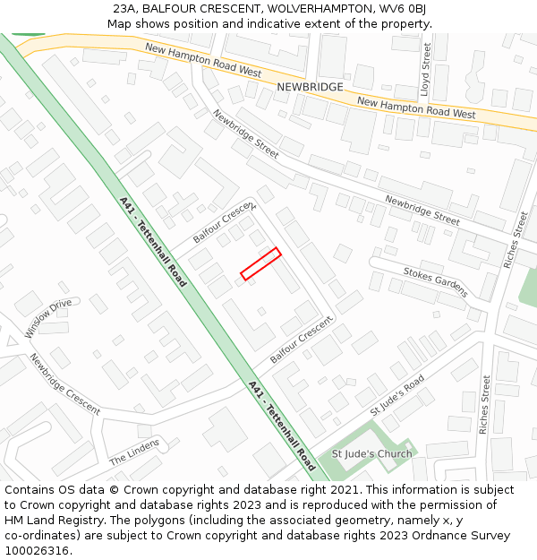 23A, BALFOUR CRESCENT, WOLVERHAMPTON, WV6 0BJ: Location map and indicative extent of plot