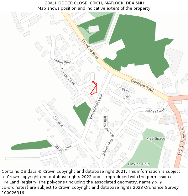 23A, HODDER CLOSE, CRICH, MATLOCK, DE4 5NH: Location map and indicative extent of plot