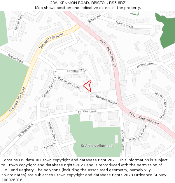 23A, KENNION ROAD, BRISTOL, BS5 8BZ: Location map and indicative extent of plot