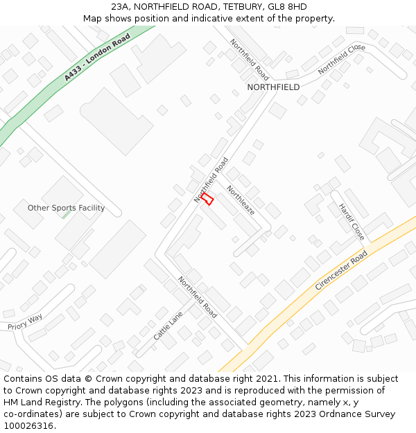 23A, NORTHFIELD ROAD, TETBURY, GL8 8HD: Location map and indicative extent of plot