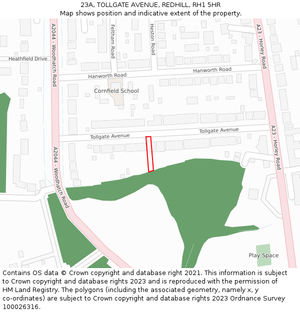 23A, TOLLGATE AVENUE, REDHILL, RH1 5HR: Location map and indicative extent of plot