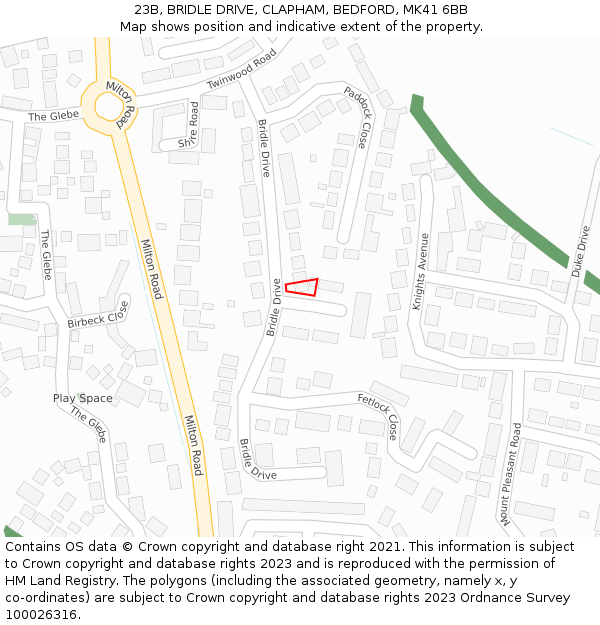 23B, BRIDLE DRIVE, CLAPHAM, BEDFORD, MK41 6BB: Location map and indicative extent of plot
