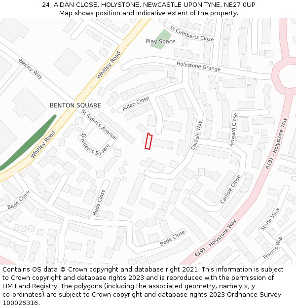 24, AIDAN CLOSE, HOLYSTONE, NEWCASTLE UPON TYNE, NE27 0UP: Location map and indicative extent of plot