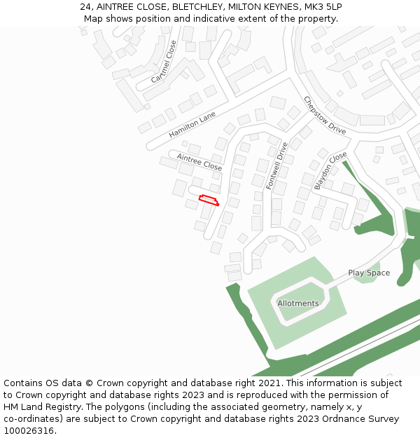 24, AINTREE CLOSE, BLETCHLEY, MILTON KEYNES, MK3 5LP: Location map and indicative extent of plot
