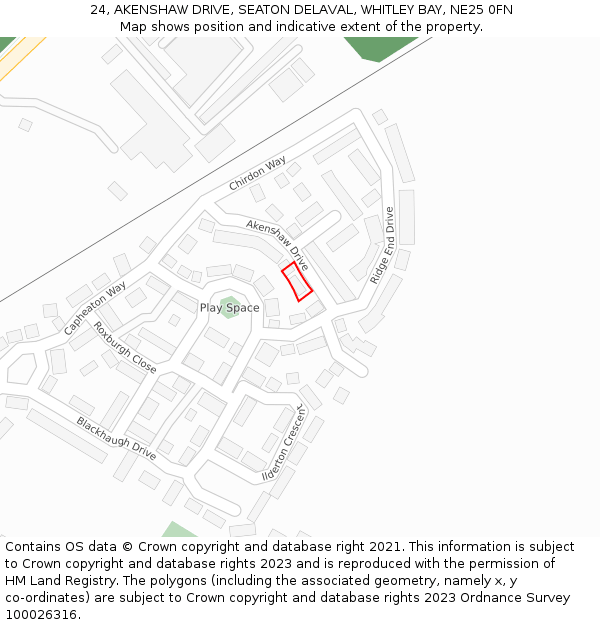 24, AKENSHAW DRIVE, SEATON DELAVAL, WHITLEY BAY, NE25 0FN: Location map and indicative extent of plot