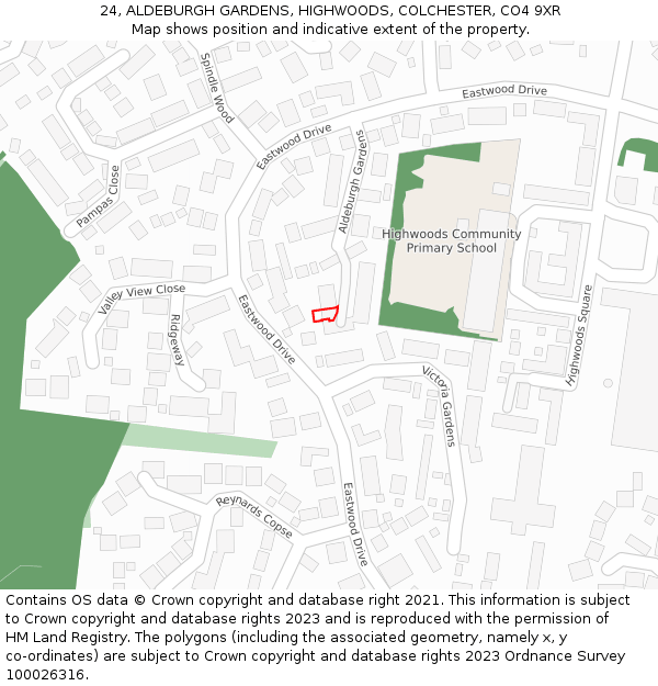 24, ALDEBURGH GARDENS, HIGHWOODS, COLCHESTER, CO4 9XR: Location map and indicative extent of plot