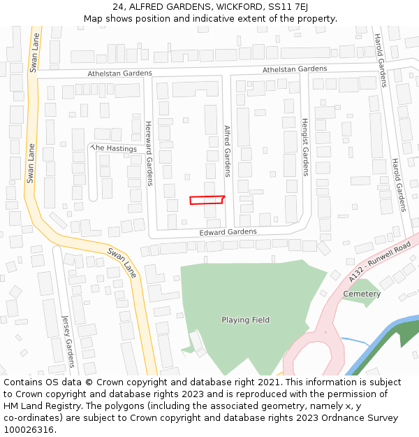 24, ALFRED GARDENS, WICKFORD, SS11 7EJ: Location map and indicative extent of plot