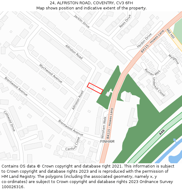 24, ALFRISTON ROAD, COVENTRY, CV3 6FH: Location map and indicative extent of plot