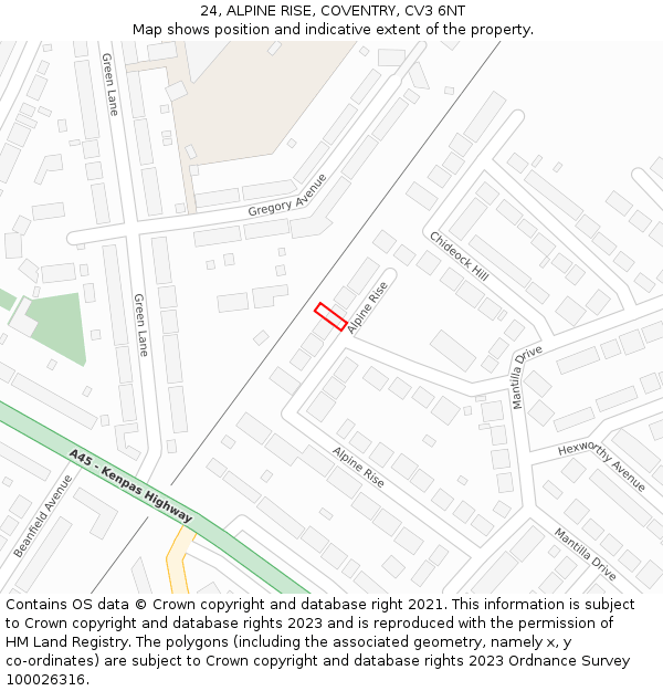 24, ALPINE RISE, COVENTRY, CV3 6NT: Location map and indicative extent of plot