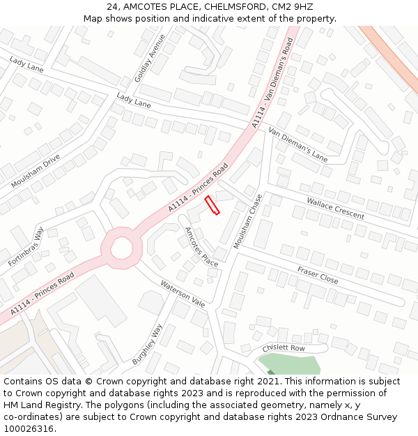 24, AMCOTES PLACE, CHELMSFORD, CM2 9HZ: Location map and indicative extent of plot
