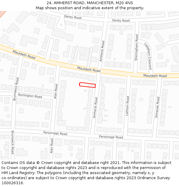 24, AMHERST ROAD, MANCHESTER, M20 4NS: Location map and indicative extent of plot