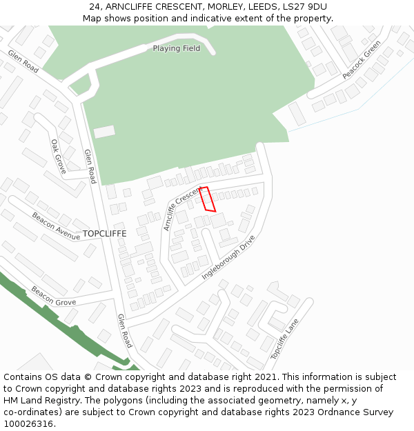 24, ARNCLIFFE CRESCENT, MORLEY, LEEDS, LS27 9DU: Location map and indicative extent of plot