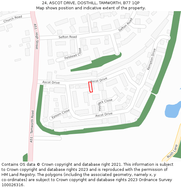 24, ASCOT DRIVE, DOSTHILL, TAMWORTH, B77 1QP: Location map and indicative extent of plot