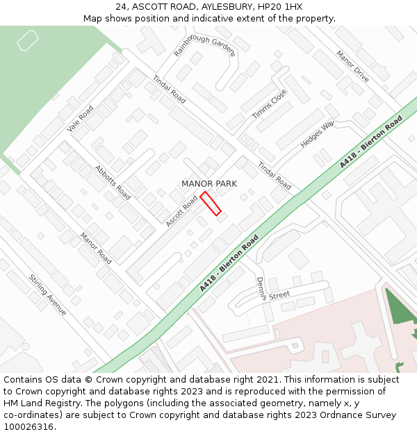 24, ASCOTT ROAD, AYLESBURY, HP20 1HX: Location map and indicative extent of plot