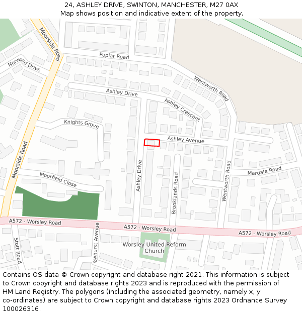 24, ASHLEY DRIVE, SWINTON, MANCHESTER, M27 0AX: Location map and indicative extent of plot