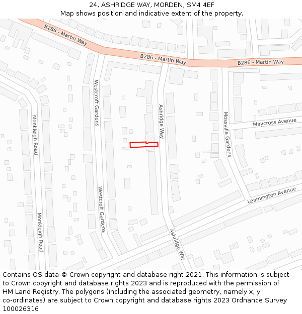 24, ASHRIDGE WAY, MORDEN, SM4 4EF: Location map and indicative extent of plot