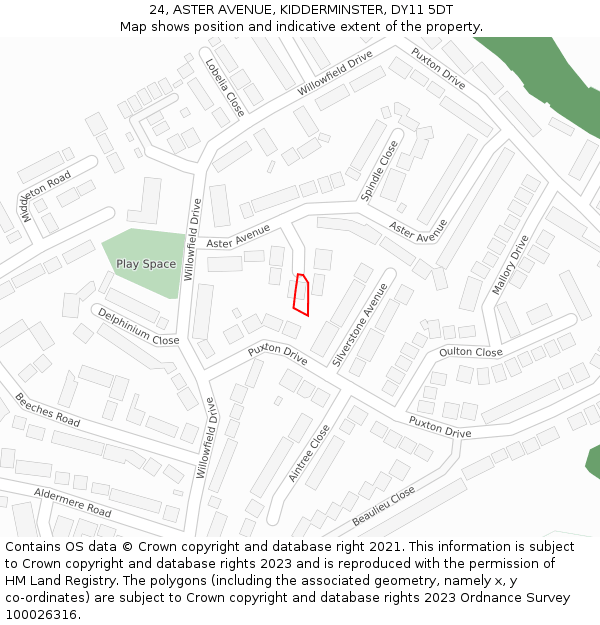 24, ASTER AVENUE, KIDDERMINSTER, DY11 5DT: Location map and indicative extent of plot