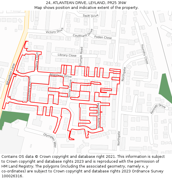 24, ATLANTEAN DRIVE, LEYLAND, PR25 3NW: Location map and indicative extent of plot