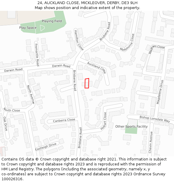 24, AUCKLAND CLOSE, MICKLEOVER, DERBY, DE3 9LH: Location map and indicative extent of plot