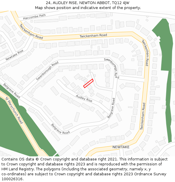 24, AUDLEY RISE, NEWTON ABBOT, TQ12 4JW: Location map and indicative extent of plot