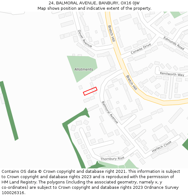 24, BALMORAL AVENUE, BANBURY, OX16 0JW: Location map and indicative extent of plot