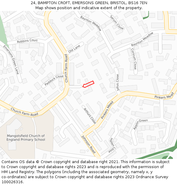 24, BAMPTON CROFT, EMERSONS GREEN, BRISTOL, BS16 7EN: Location map and indicative extent of plot