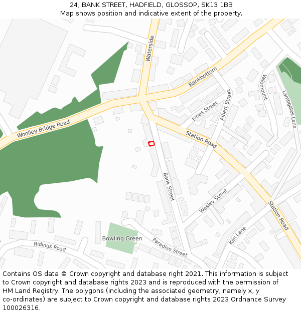 24, BANK STREET, HADFIELD, GLOSSOP, SK13 1BB: Location map and indicative extent of plot