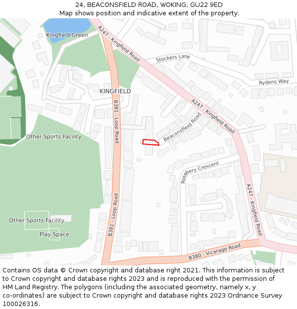 24, BEACONSFIELD ROAD, WOKING, GU22 9ED: Location map and indicative extent of plot