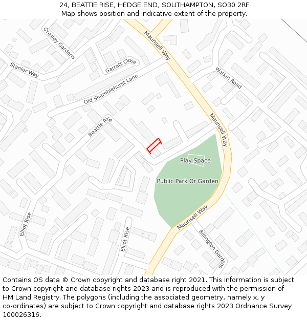 24, BEATTIE RISE, HEDGE END, SOUTHAMPTON, SO30 2RF: Location map and indicative extent of plot