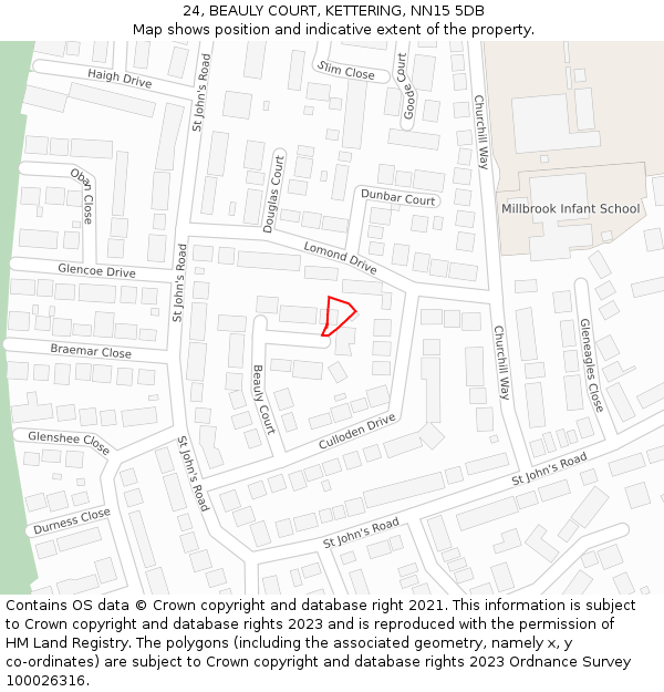 24, BEAULY COURT, KETTERING, NN15 5DB: Location map and indicative extent of plot