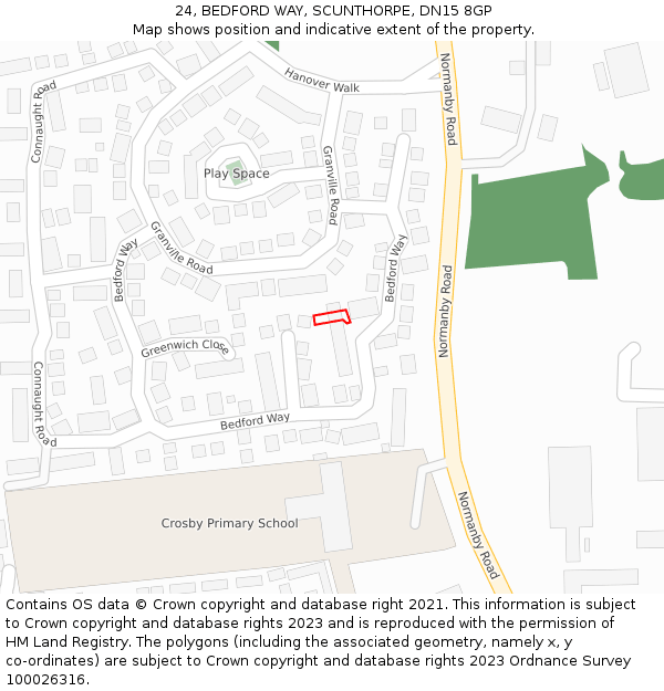 24, BEDFORD WAY, SCUNTHORPE, DN15 8GP: Location map and indicative extent of plot