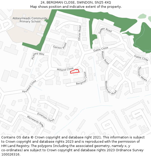 24, BERGMAN CLOSE, SWINDON, SN25 4XQ: Location map and indicative extent of plot