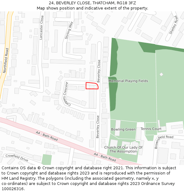24, BEVERLEY CLOSE, THATCHAM, RG18 3FZ: Location map and indicative extent of plot