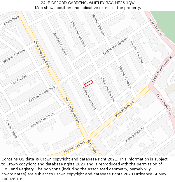 24, BIDEFORD GARDENS, WHITLEY BAY, NE26 1QW: Location map and indicative extent of plot