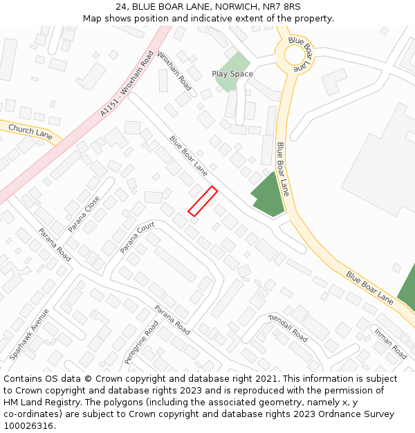 24, BLUE BOAR LANE, NORWICH, NR7 8RS: Location map and indicative extent of plot