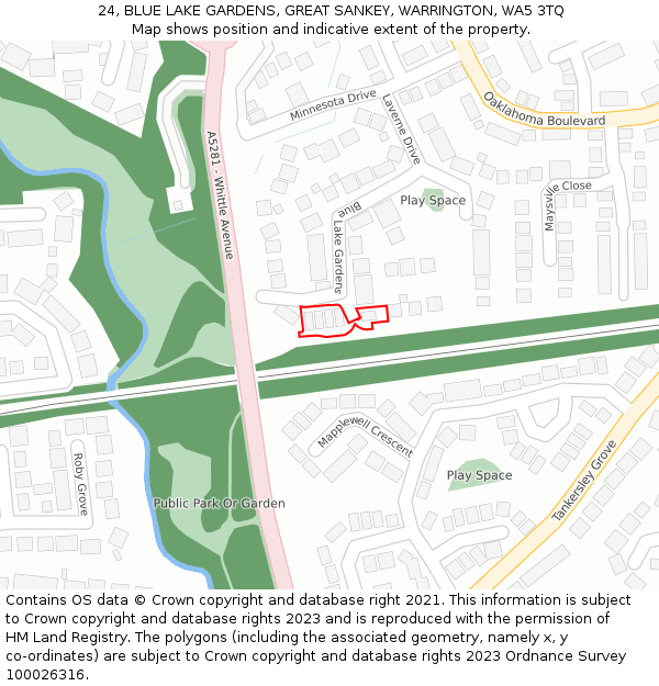 24, BLUE LAKE GARDENS, GREAT SANKEY, WARRINGTON, WA5 3TQ: Location map and indicative extent of plot