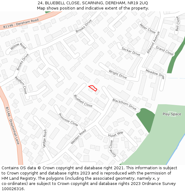 24, BLUEBELL CLOSE, SCARNING, DEREHAM, NR19 2UQ: Location map and indicative extent of plot