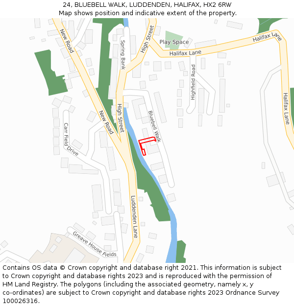 24, BLUEBELL WALK, LUDDENDEN, HALIFAX, HX2 6RW: Location map and indicative extent of plot