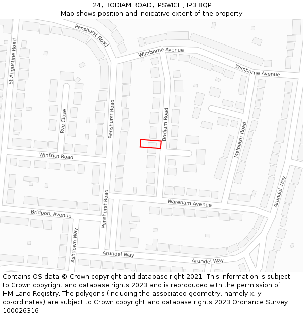 24, BODIAM ROAD, IPSWICH, IP3 8QP: Location map and indicative extent of plot