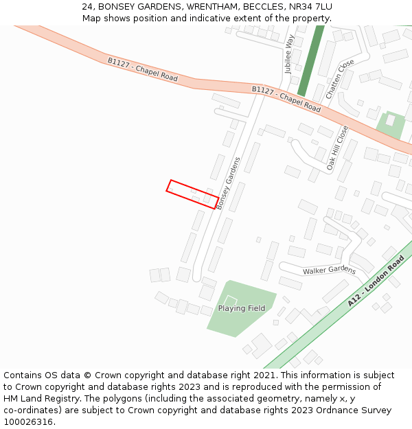 24, BONSEY GARDENS, WRENTHAM, BECCLES, NR34 7LU: Location map and indicative extent of plot