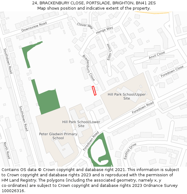 24, BRACKENBURY CLOSE, PORTSLADE, BRIGHTON, BN41 2ES: Location map and indicative extent of plot