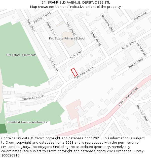 24, BRAMFIELD AVENUE, DERBY, DE22 3TL: Location map and indicative extent of plot