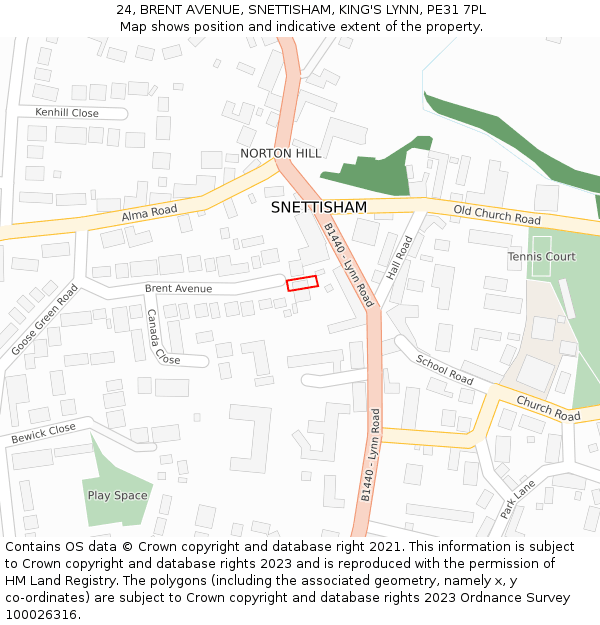 24, BRENT AVENUE, SNETTISHAM, KING'S LYNN, PE31 7PL: Location map and indicative extent of plot