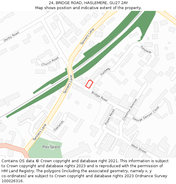 24, BRIDGE ROAD, HASLEMERE, GU27 2AY: Location map and indicative extent of plot