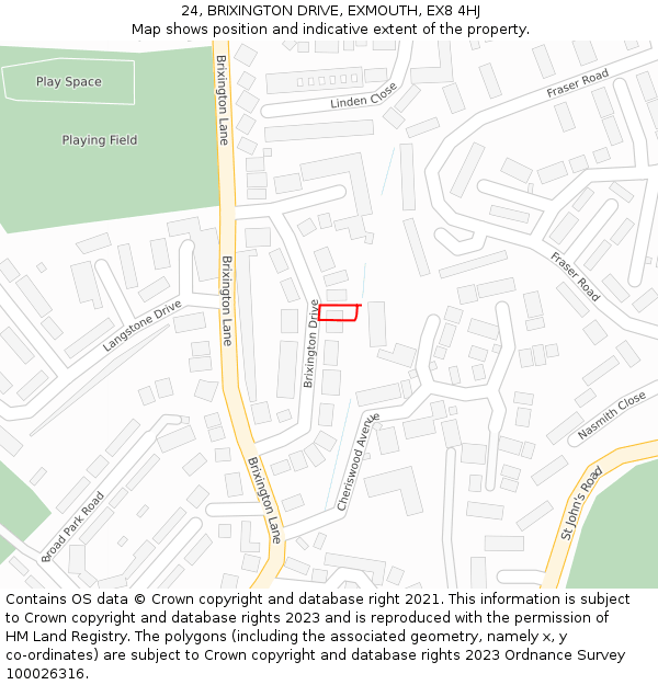 24, BRIXINGTON DRIVE, EXMOUTH, EX8 4HJ: Location map and indicative extent of plot