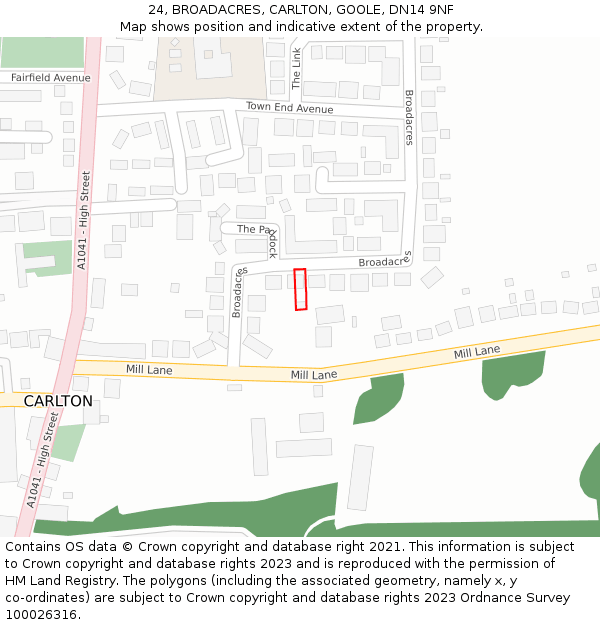 24, BROADACRES, CARLTON, GOOLE, DN14 9NF: Location map and indicative extent of plot