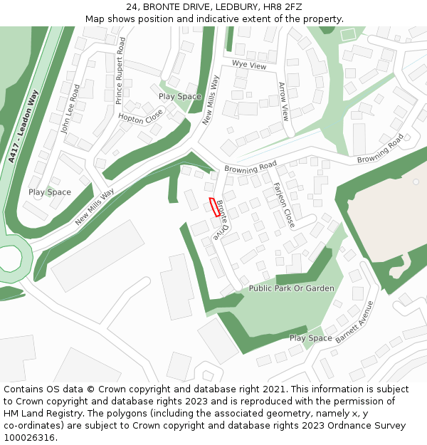 24, BRONTE DRIVE, LEDBURY, HR8 2FZ: Location map and indicative extent of plot