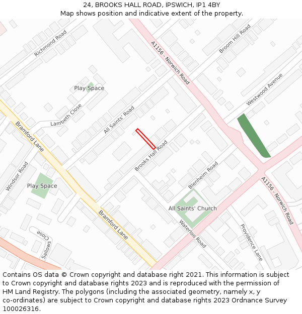 24, BROOKS HALL ROAD, IPSWICH, IP1 4BY: Location map and indicative extent of plot