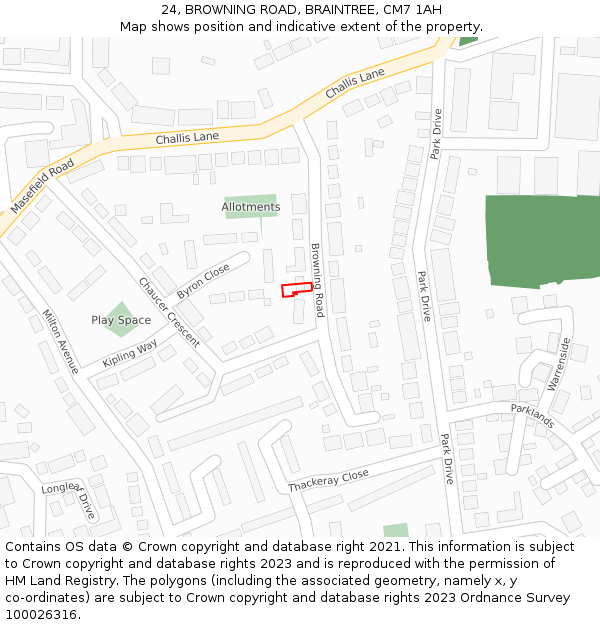 24, BROWNING ROAD, BRAINTREE, CM7 1AH: Location map and indicative extent of plot